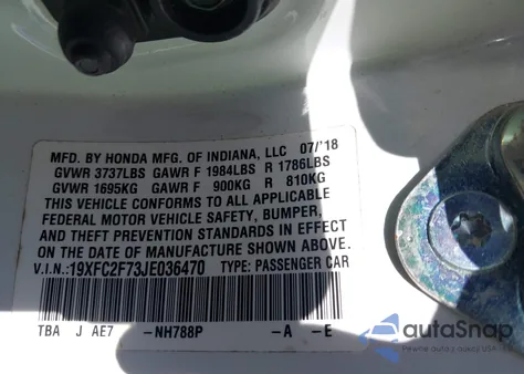 2018 Honda Civic Ex из США, поврежденный, VIN 19XFC2F73JE036470